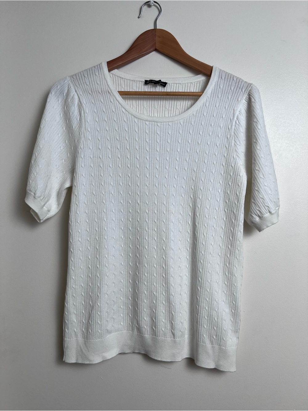 Adrianna Papell White Cable Knit Short Sleeve Sweater Top L